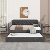 Velvet Upholstered Daybed with Trundle and Usb Charging