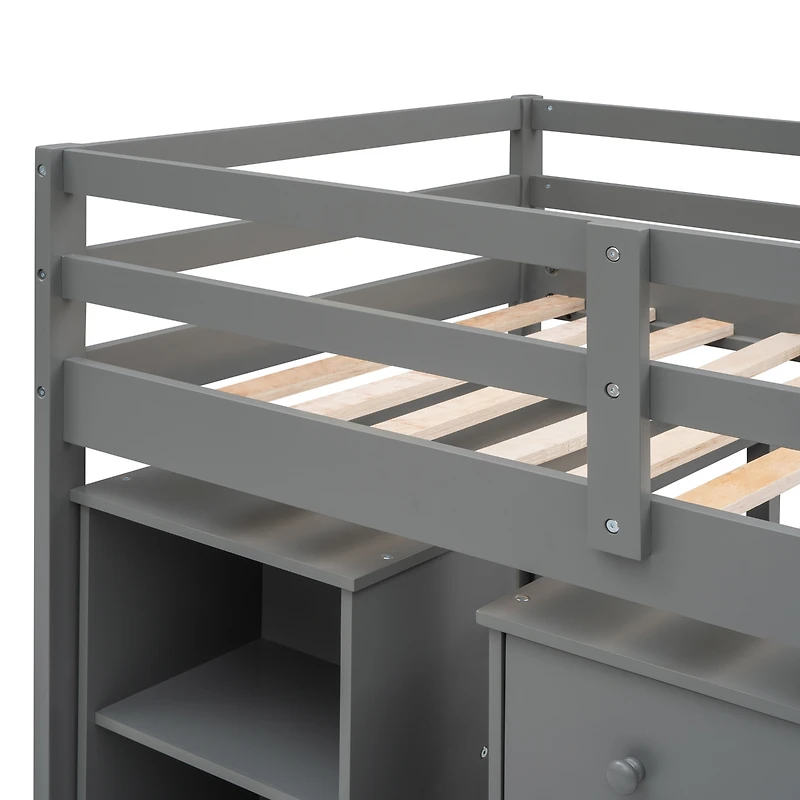 Streamdale Low Study Twin Loft Bed With Cabinet And Rolling Portable Desk
