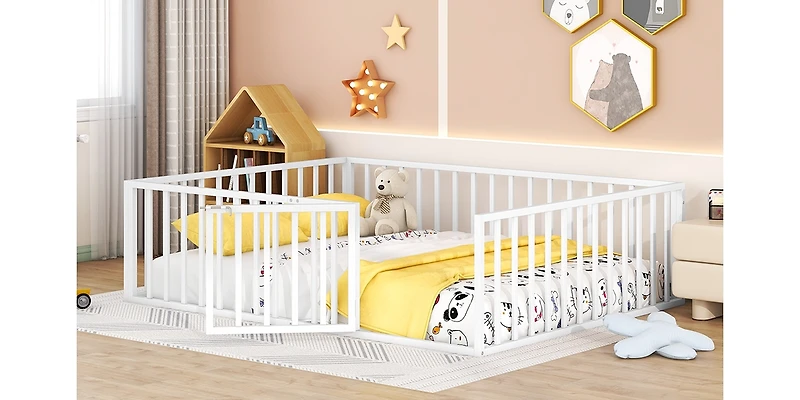 Streamdale Queen Metal Floor Bed Frame With Fence And Door