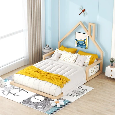 Simplie Fun Full Size Wood Floor Bed With House-Shaped Headboard