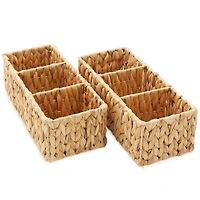 Casafield Set of 2 Water Hyacinth Storage Baskets with 3 Sections, Espresso - Woven Bin Organizers for Bathroom, Laundry, Pantry, Office, Shelves