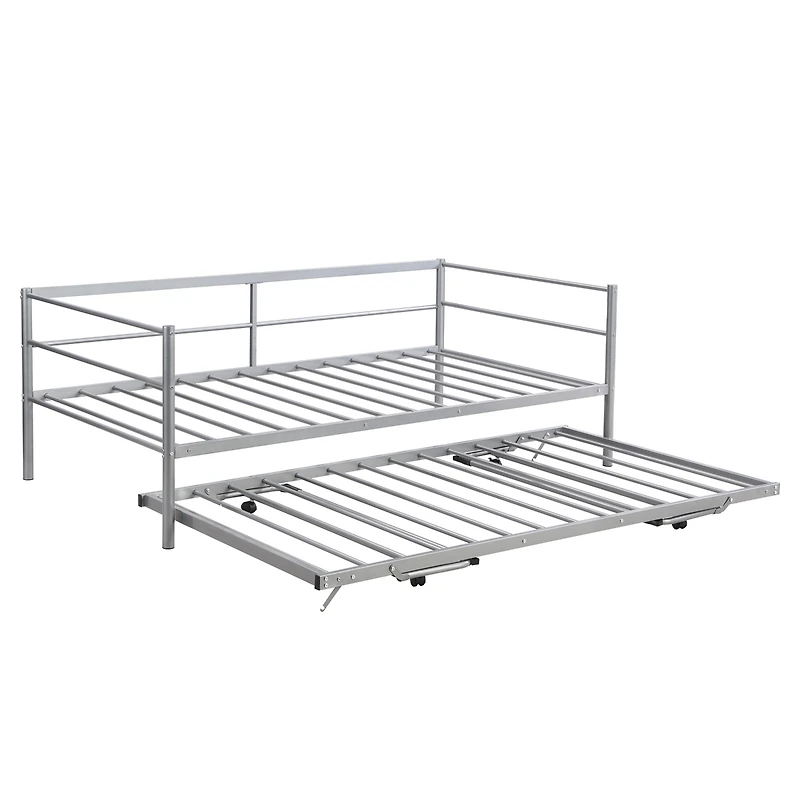 Streamdale Twin Size Metal Daybed With Adjustable Trundle, Pop Up Trundle, Silver
