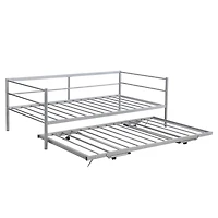 Streamdale Twin Size Metal Daybed With Adjustable Trundle, Pop Up Trundle, Silver