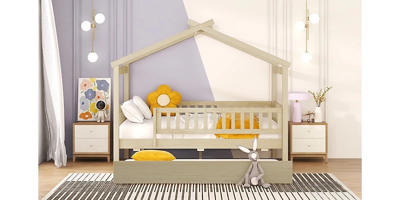 Streamdale Full Size Wooden House Bed With Twin Size Trundle