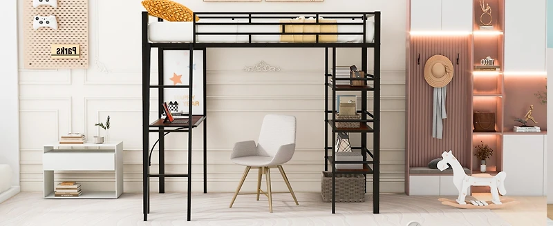 Streamdale Loft Bed with Shelves, Desk, and Whiteboard