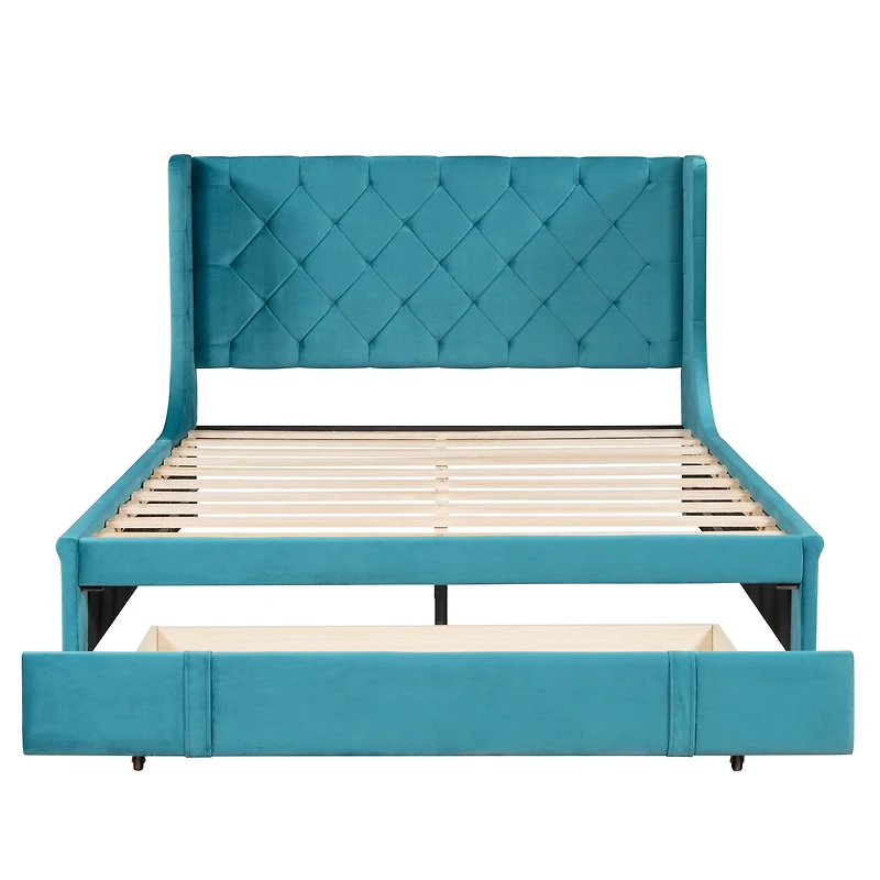 Streamdale Velvet Wingback Storage Platform Bed with Drawer