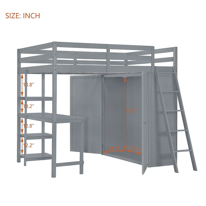 Streamdale Full Size Loft Bed With Wardrobe And Desk And Shelves, White