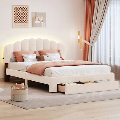 Streamdale Teddy Fleece Queen Upholstered Platform Bed With Drawer, White