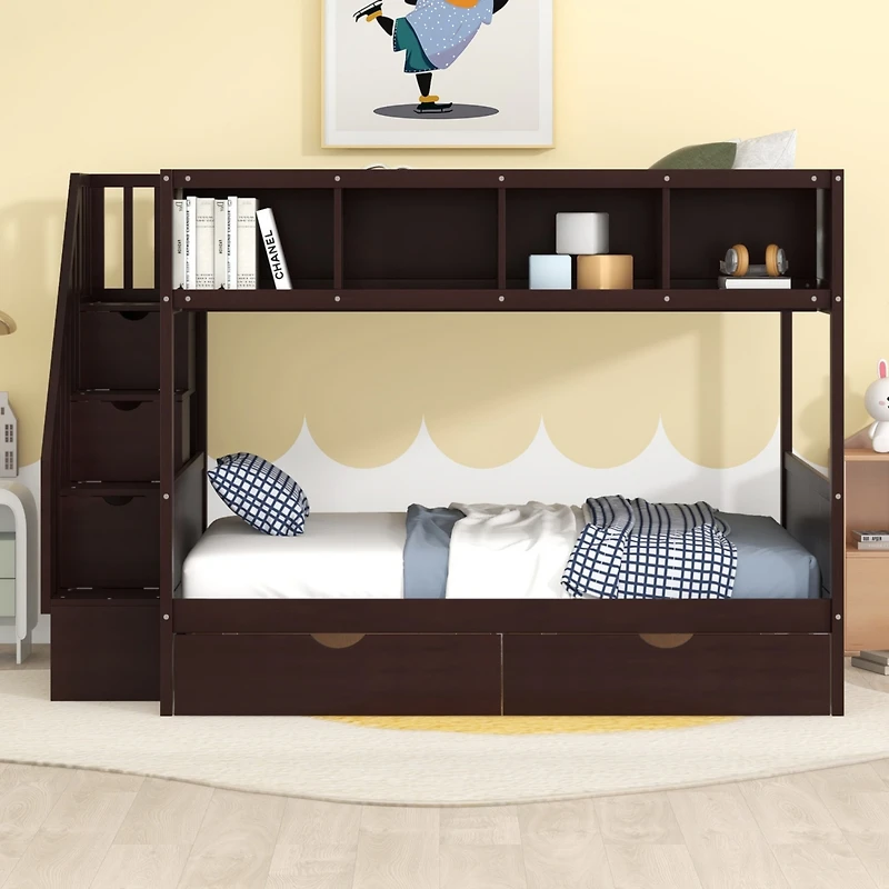 Streamdale Twin Over Full Bunk Bed With Shelfs, Storage Staircase And 2 Drawers
