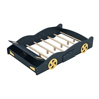 Streamdale Furniture Full Size Race Car-Shaped Platform Bed With Wheels And Storage, Dark Blue+Yellow