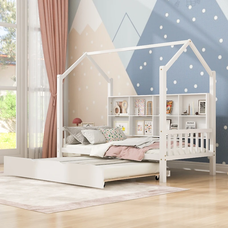 Streamdale Wooden Twin Size House Bed With Trundle, Kids Bed With Shelf, White