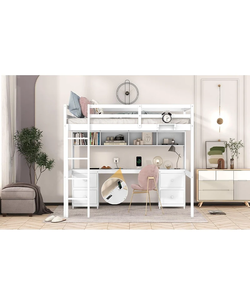 Simplie Fun Full Size Loft Bed With Desk, Cabinets, Drawers And Bedside Tray, Charging Station
