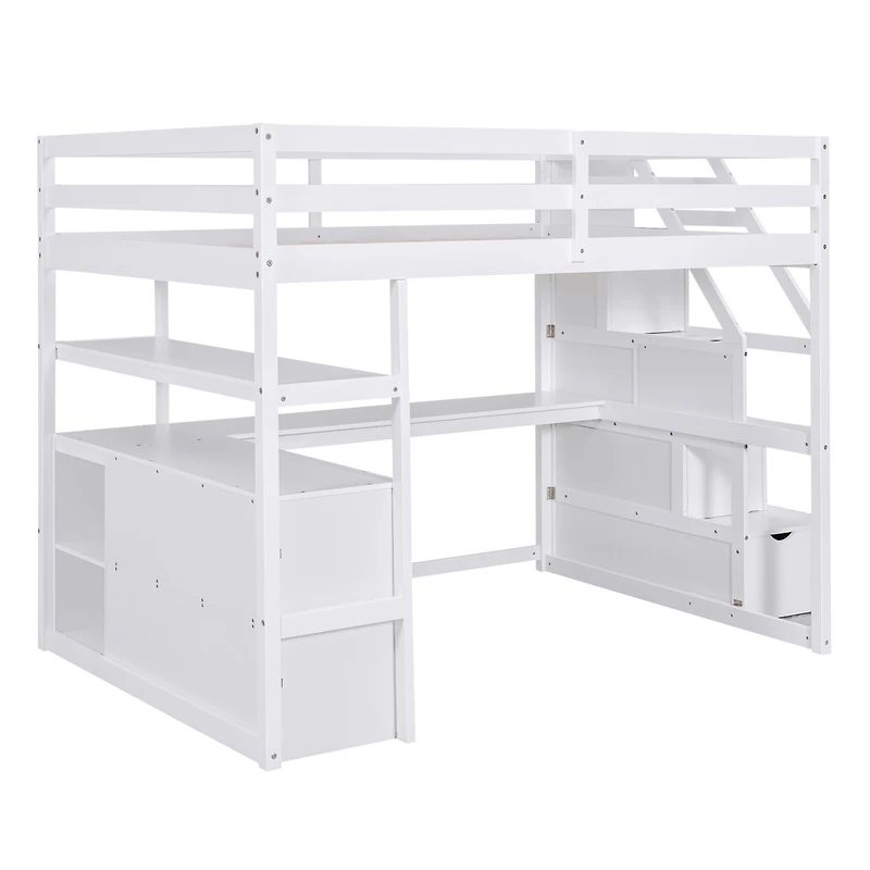 Simplie Fun Full Loft Bed With Desk And Shelves, Two Built-In Drawers, Storage Staircase, Gray