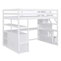 Simplie Fun Full Loft Bed With Desk And Shelves, Two Built-In Drawers, Storage Staircase, Gray