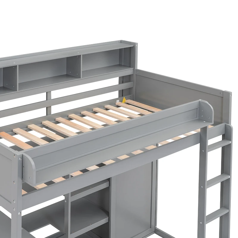 Streamdale Wood Twin Loft Bed With Multiple Storage Shelves And Wardrobe