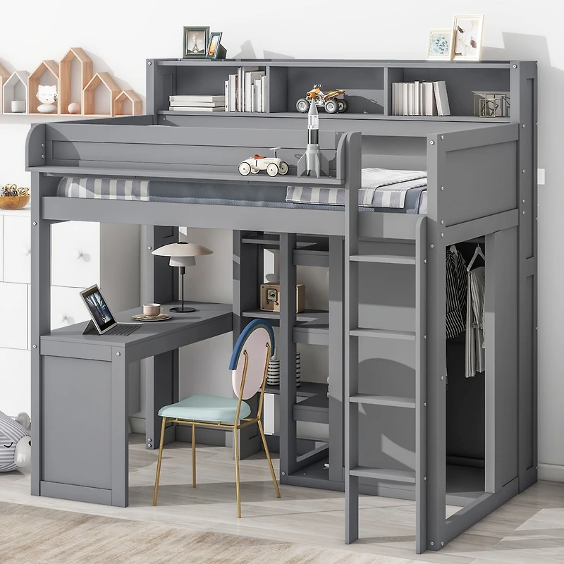 Streamdale Wood Twin Loft Bed With Multiple Storage Shelves And Wardrobe
