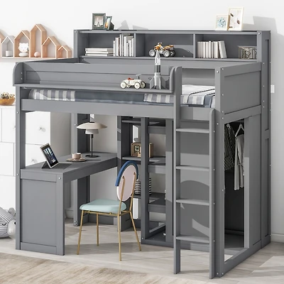 Streamdale Wood Twin Loft Bed With Multiple Storage Shelves And Wardrobe