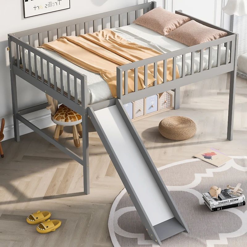 Streamdale Full Size Low Loft Bed With Ladder And Slide