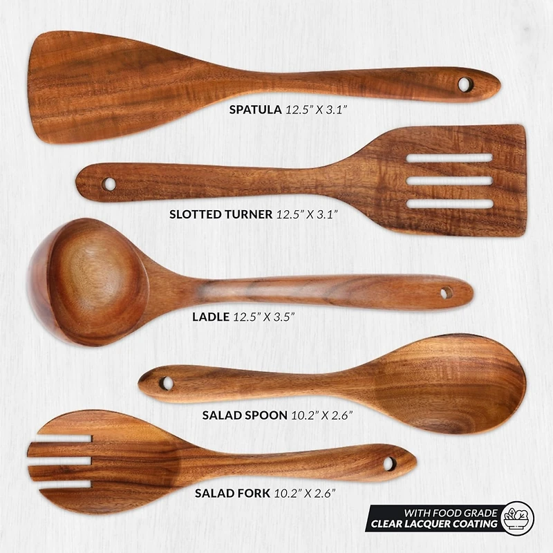 Extra Large 5-Piece Smooth Teak Wooden Spoon Set