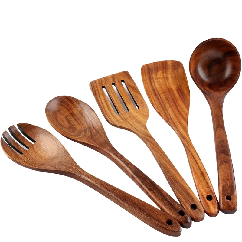 Extra Large 5-Piece Smooth Teak Wooden Spoon Set