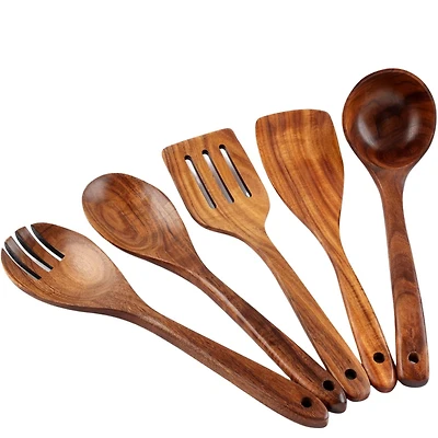 Extra Large 5-Piece Smooth Teak Wooden Spoon Set