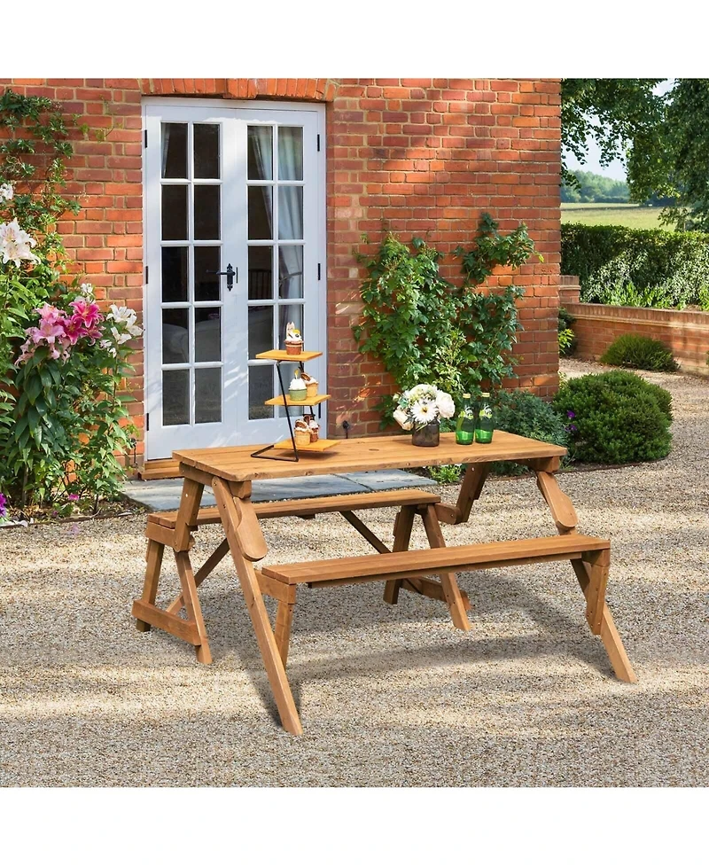 Slickblue 2-in-1 Transforming Interchangeable Wooden Picnic Table Bench with Umbrella Hole-Dark Brown