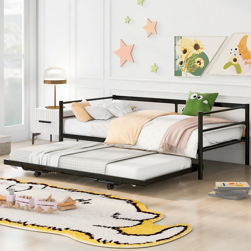 Streamdale Twin Metal Daybed With Adjustable Trundle, Pop Up Silver