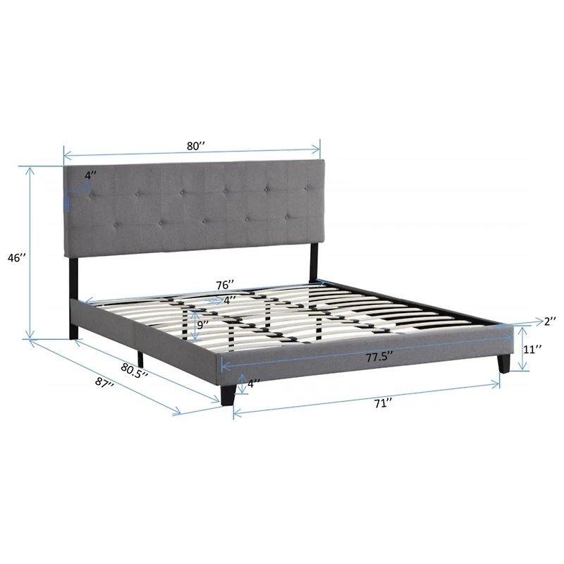 King Size Upholstered Platform Bed Frame - Gray