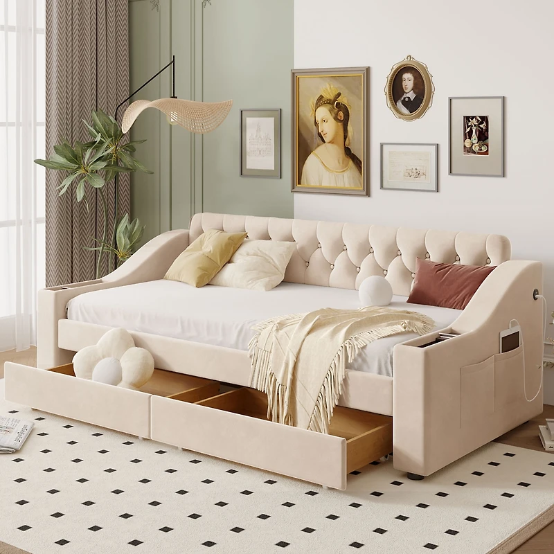 Twin Upholstered Daybed With Storage Armrests And Usb Port