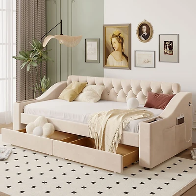 Twin Upholstered Daybed With Storage Armrests And Usb Port