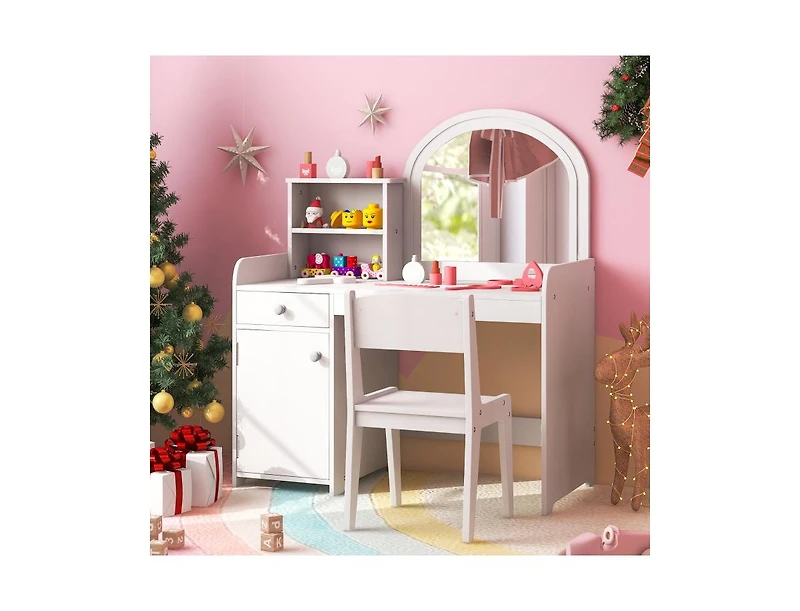 Slickblue Kids Vanity Table and Chair Set with Shelves Drawer Cabinet