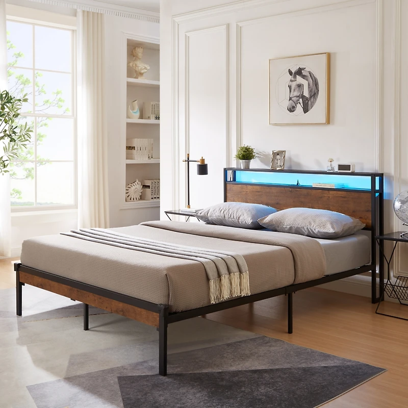 Streamdale Furniture Metal Platform Bed Frame with Usb, Led Lights & Storage