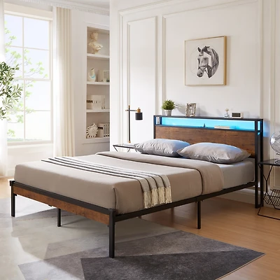 Streamdale Furniture Metal Platform Bed Frame with Usb, Led Lights & Storage