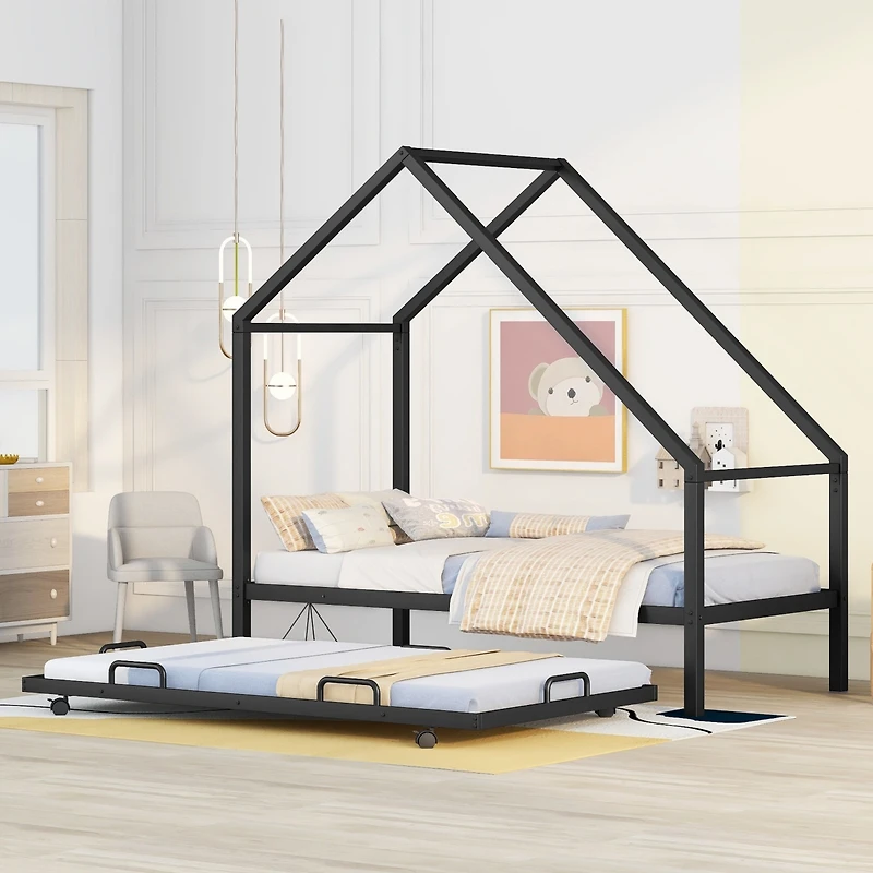 Streamdale Metal House Bed With Trundle, Twin Size House Bed