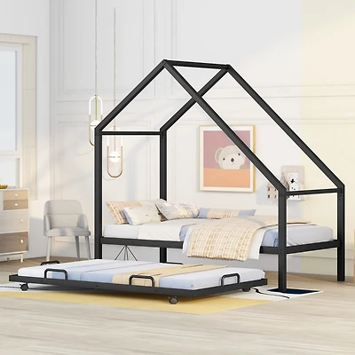 Streamdale Metal House Bed With Trundle, Twin Size House Bed