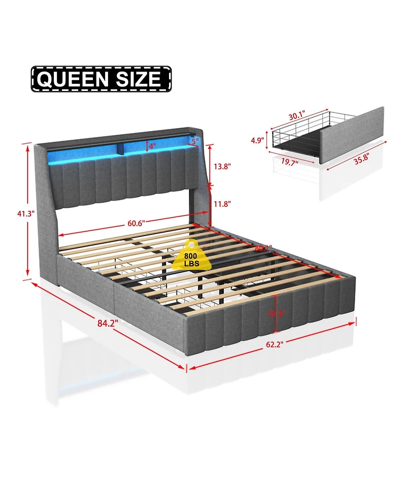Simplie Fun Led Queen Bed Frame with Storage Drawers