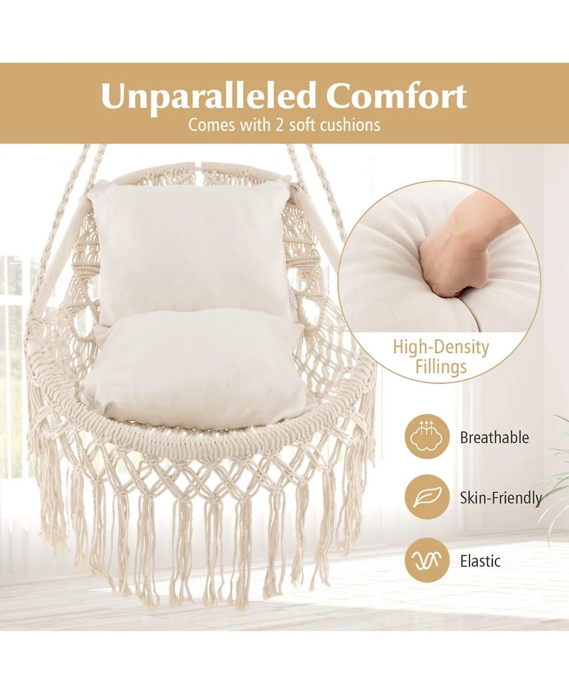 Slickblue Hanging Hammock Chair with Soft Seat Cushions and Sturdy Rope Chain-Beige