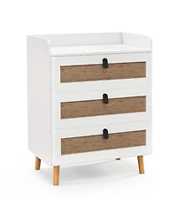 Sugift Modern End Table with 3 Rattan Decorated Drawers