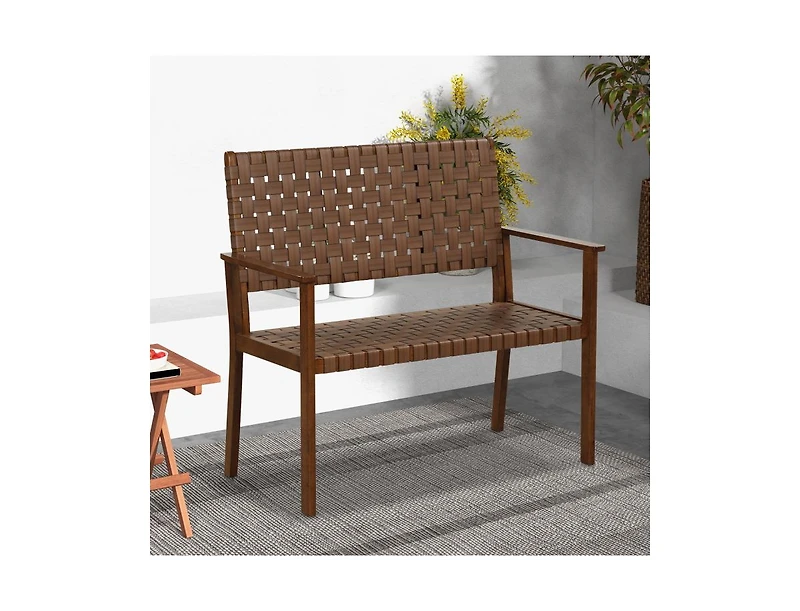 Slickblue Outdoor All Weather Bench with Solid Rubber Wood Frame and Hand Woven Pu Leather