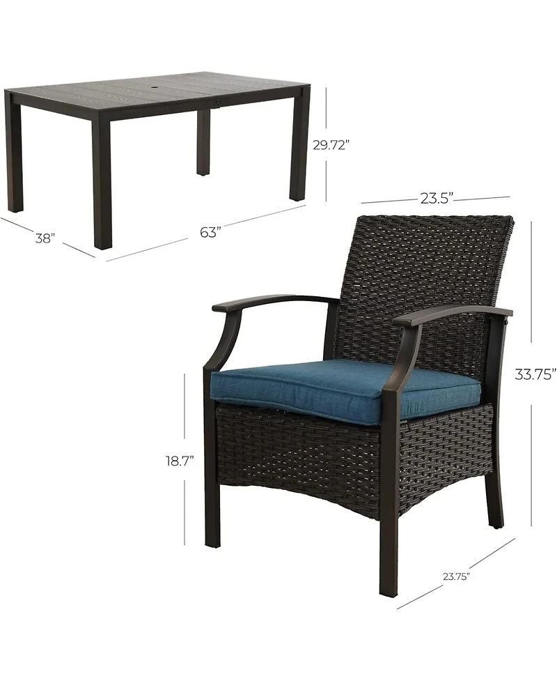 Mondawe Wicker Formal Dinning Table and Seating Arm Chair Set With Blue Cushions In Metal Frame (Set of 7)