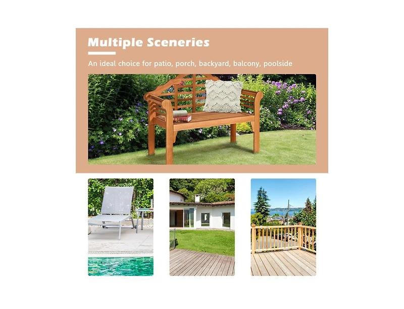 Slickblue 49 Inch Eucalyptus Wood Outdoor Folding Bench with Backrest Armrest for Patio Garden