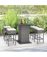 5 Pieces Outdoor Wicker Bar Table Set with Hidden Storage Shelves