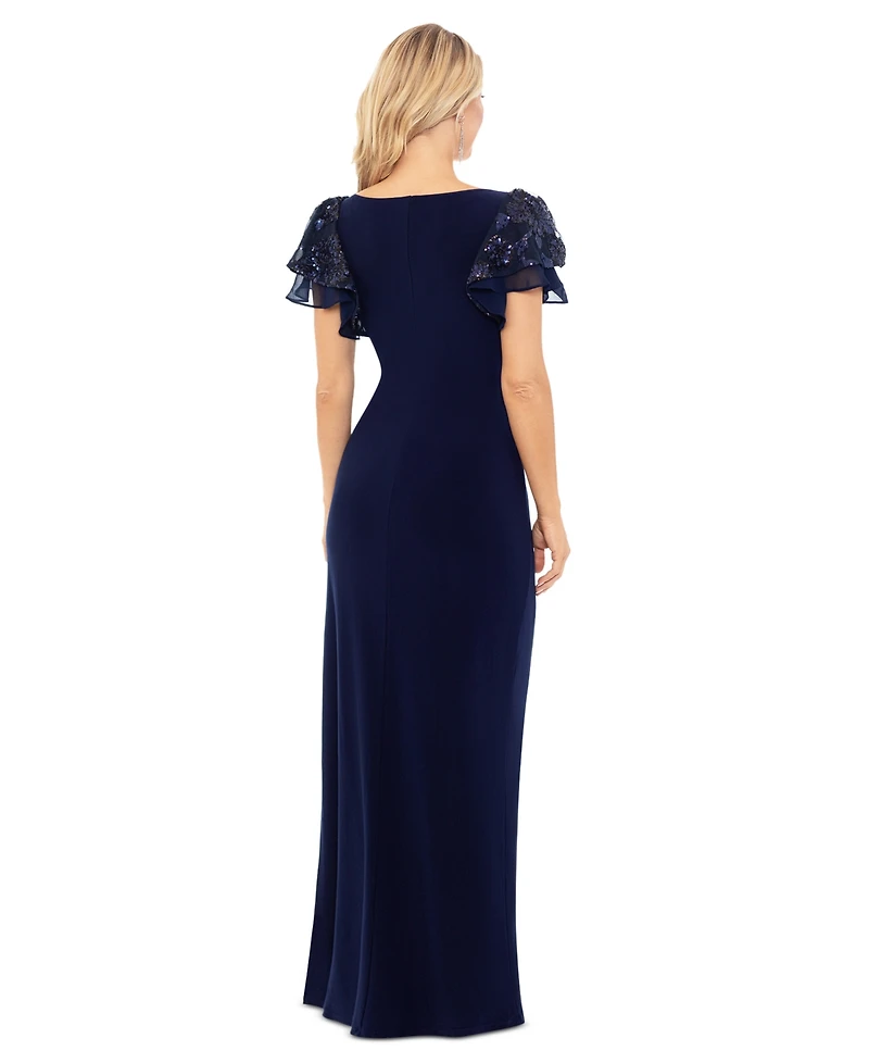 Betsy & Adam Women's Sequin-Sleeve Surplice-Neck Gown