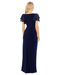 Betsy & Adam Women's Sequin-Sleeve Surplice-Neck Gown