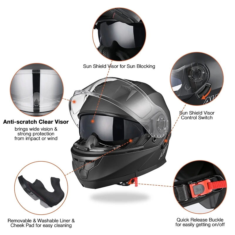 Ahr Run-M3 Modular Flip Up Helmet Full Face Dual Visor Dot Motorcycle Bike