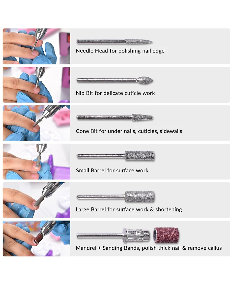 Byootique 30000RPM Pro Pink Electric Nail Drill File Buffer 6 Bits Manicure Pedicure Kit