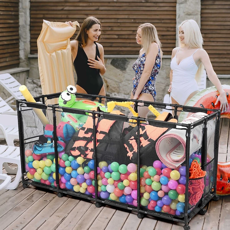 Yescom Metal Frame Extra Large 12 Wheels Rolling Mesh Pool Storage Bin 65"x 30"x 33" Pool Toy Floats Storage Organizer for Public Pools