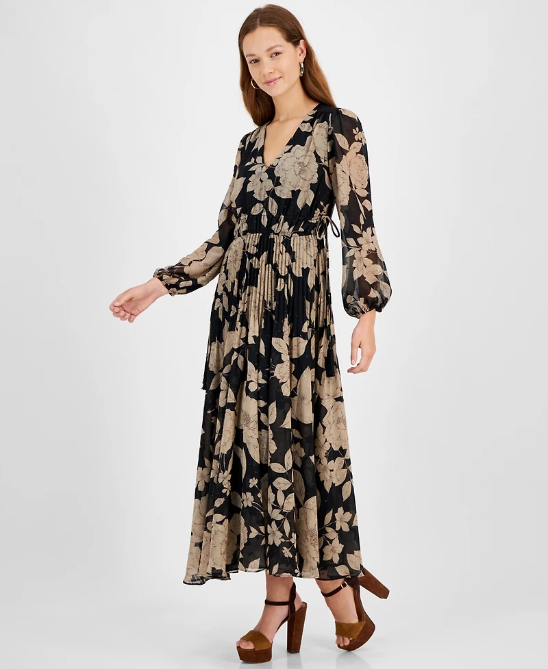 Taylor Women's Floral Chiffon V-Neck Pleated Dress