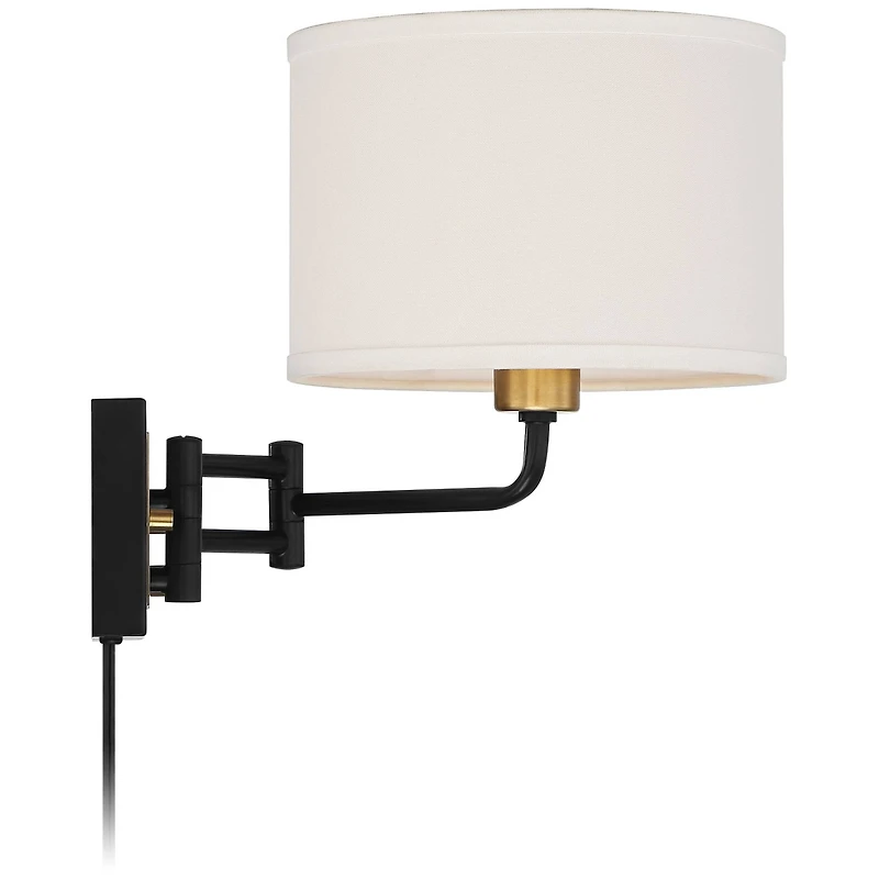 Joelle Mid Century Modern Swing Arm Wall Lamp Black Antique Brass Metal Plug-In Light Fixture Drum Shade for Bedroom Bedside House Reading Living Room