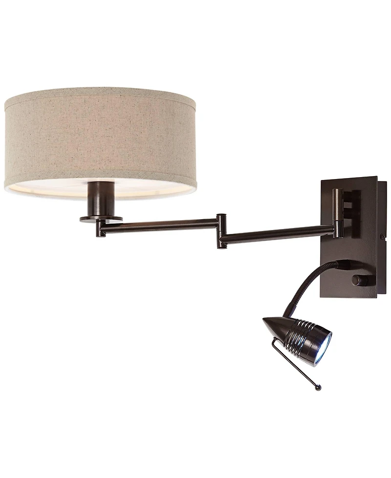 Possini Euro Design Radix Modern Swing Arm Wall Lamp Bronze with Cord Cover Led Reading Light Plug-in Light Fixture Oatmeal Shade for Bedroom Bedside